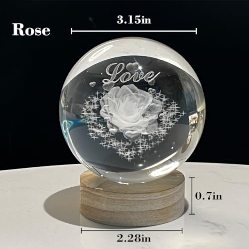 3D Crystal Ball,Night Light,Rose Crystal Lamp,Figurine Lights,Moon Ball 3.15 Inch,with Wood Base,Idea Gift,for Bedroom, Birthdays, Mother's Day - Image 4