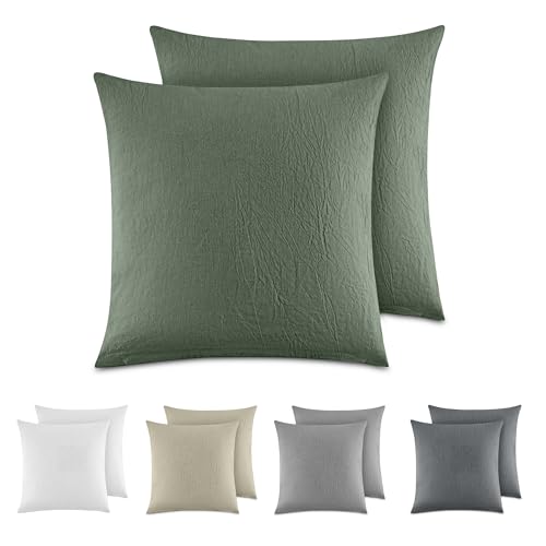 Dreamzie Taie Oreiller 40x40 Coton (Lot De 2) Taies d'Oreillers 100% Coton Lavé Aspect Lin, Housse de Coussin avec Fermeture Eclair, Vert, Certifié Oeko Tex