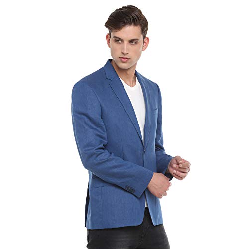 Image of Linen Club Men Navy Blue-Regular Fit-Solid-Single Breasted-Blazer