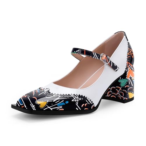 Women's Square Toe Chunky Heel Mary Janes Buckle Strap Wingtip Oxford Pumps Dress Shoes