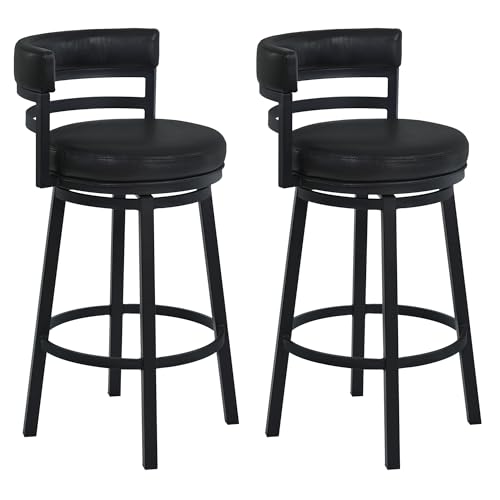 Butaco moderno giratorio de 26 pulgadas de altura de asiento, tapizado en cuero sintético negro Ford y estructura negra, para isla de cocina o barra, juego de 2 piezas de Armen Living