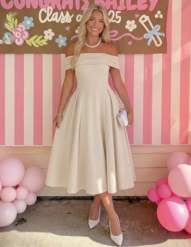 Image of ZESICA Summer 2026 Cocktail Dresses for Women's Off Shoulder Short Sleeve Swing A Line Wedding Evening Party Midi Dress