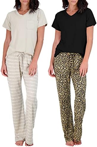 2 Pack: Women’s Pajama Sets Ladies Short Sleeve V-Neck Tops Pants Bottoms Bamboo Pijama Mujer comfy Soft PJ fashion Sleepwear Lightweight Fall Clothing Silky Sleep Lounge Night Wear,Set 8-XXL