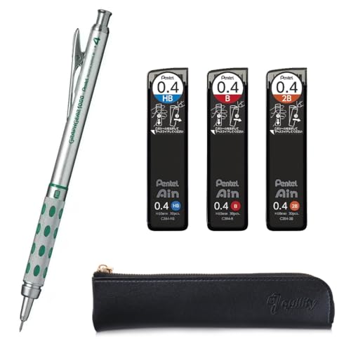 QULLITY Graph Gear 1000 Mechanical Drafting Pencil + Ain HB/B/2B leads, original Black slim pen case (0.4mm)