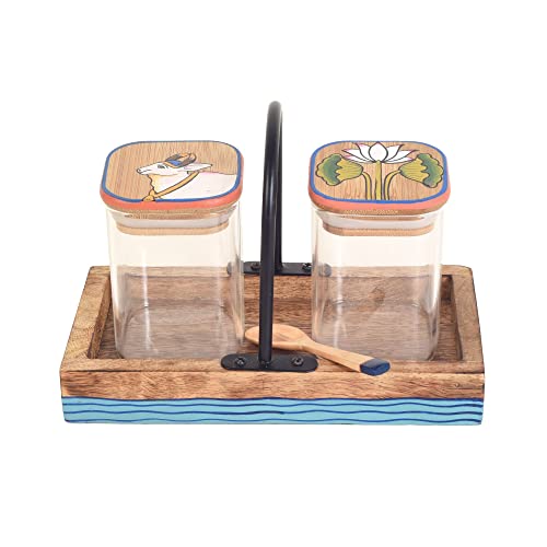 Image of AAKRITI ART CREATIONS Pichhwai Iteeha Nuts Storage Jars S02 | Handcrafted Pichhwai Art Storage Jars | Kitchen Decoration Items Stylish Tray & Jars | Airtight Kitchen Containers