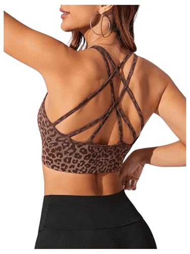 MakeMeChic Women's Sports Bras Leopard Criss Cross Spaghetti Strap Workout Yoga Sport Bra