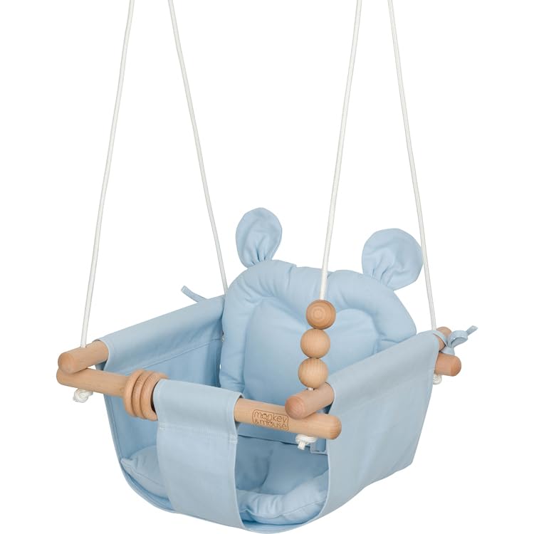 Monkey &amp; Mouse Baby Swing, Pale Blue Indoor Outdoor Portable Hanging Chair, Infant &amp; Toddler Kids 12 Months - 4 Years, Cotton Canvas &amp; Beech Wood Frame, Sensory Hammock Boy &amp; Girl Seat w/Wooden Toys