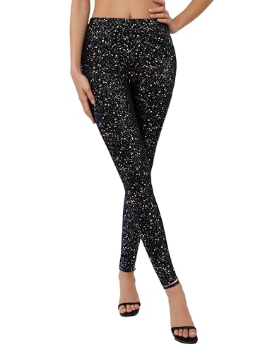 Black Sparkly Leggings for Women, High Waisted Sparkle Print Pants, Stretch Glitter Tight Fit Party Legging for Club Holiday Night Out