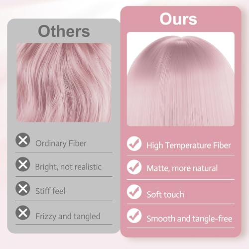 Image of MEEZY Light Pink Short Bob Wigs Straight Hair with Flat Bangs Heart Sunglasses for Women, Colorful Funny Cosplay Daily Party Neon Wig Synthetic Natural As Real Hair Carnival Halloween Costume
