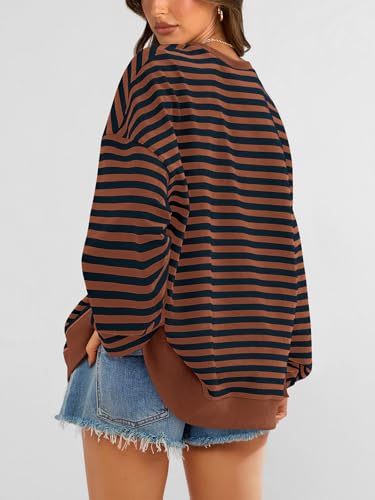 Image of PRETTYGARDEN Womens Striped Oversized Sweatshirt Color Block Crew Neck Long Sleeve Casual Loose Pullover Top Y2K Clothes