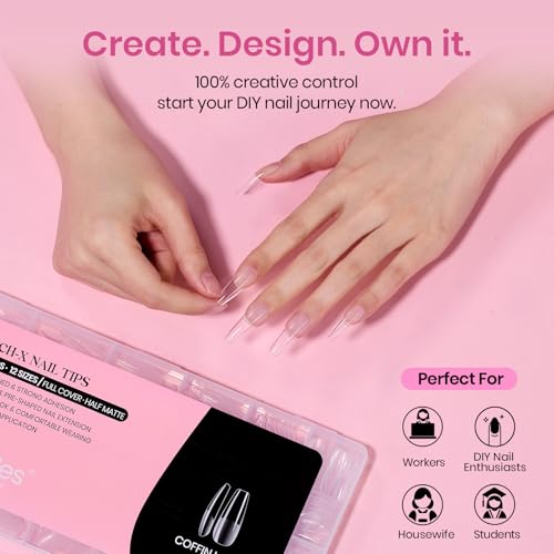 Image of Beetles Gel Nail Tips Etch-X- Coffin Long, 384pcs 12 Sizes Pre-Etched | Half Matte Full Cover Soft Gel Nail Tips, Press on False Nail Extension Acrylic Fake Nails, Easy DIY Salon Art