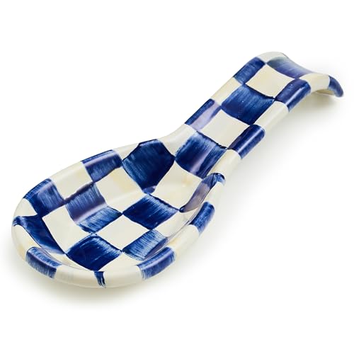 MACKENZIE-CHILDS Enamel Spoon Rest, Kitchen Spoon Holder and Utensil Rest for Stovetop, Blue-and-White Royal Check