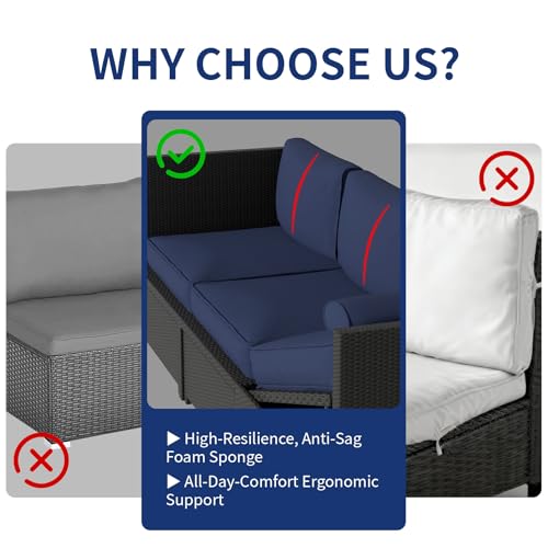 Image of 4 Pieces Outdoor Patio Furniture Set, Sectional Convertible Sofa Bed, Rattan Patio Conversation Sets with Side Table for Garden, Patio, Backyard, Black & Navy Blue