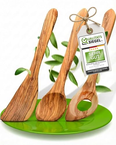 Kochlöffel Holz Set aus Olivenholz im 3er Pack - Made in Germany - Pfannenwender, Risottolöffel & Holzlöffel - Nachhaltig & aus Europa - Kochutensilien Set Naturholz