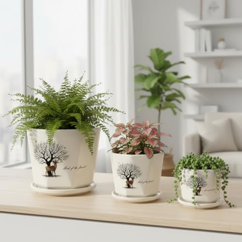 Image of Xtore Graceful Tree Motif Ceramic Planter Pots Set of 3 with Drainage Tray | Decorative Indoor Plant Holders for Living Room, Balcony & Office Desk Styling (Cream, 16.7 /14 /11 cm)