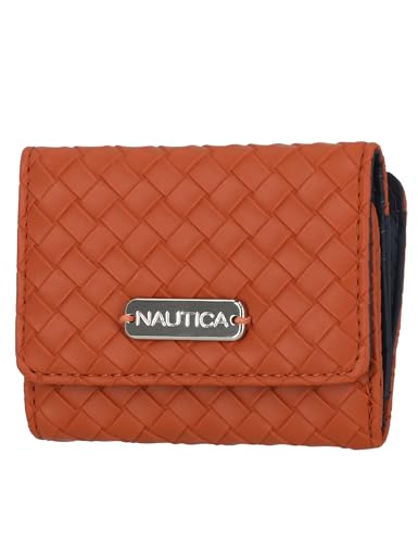 Image of Nautica Rower's End Small Wallet for Women, RFID Blocking Slim Credit Card Holder with Zipper Coin Pocket, Bifold Compact Womens Wallet with ID Window, Woven Cognac