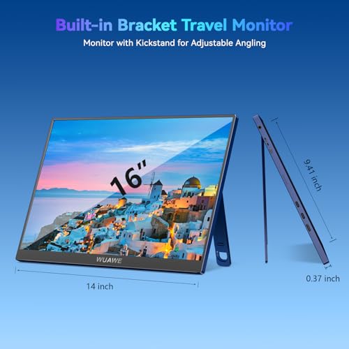 Image of WUAWE 16 inch 1200P 120Hz Portable Monitor for Laptop, 100% sRGB Portable Laptop Monitor with Built-in Stand, HDR and Freensync, External USB C Monitor for Phone, MacBook, Laptop, PC(Blue)