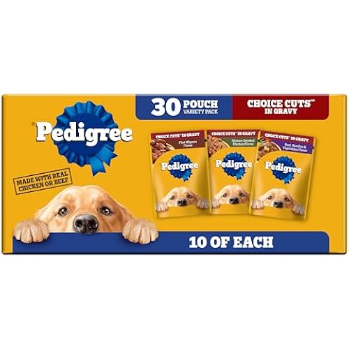 Pedigree Choice Cuts Wet Dog Food Pouch, Protein Variety, 3.5 oz, 30 Count | Beef, Chicken & Filet Mignon, no added sugars or artificial flavors, 36 vitamins & minerals, 50%+ water, complete & balanced