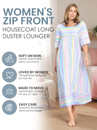 Image of Casual Nights Women's Zip Front Woven House Dress | 3 /4 Sleeves Housecoat Long Duster Lounger