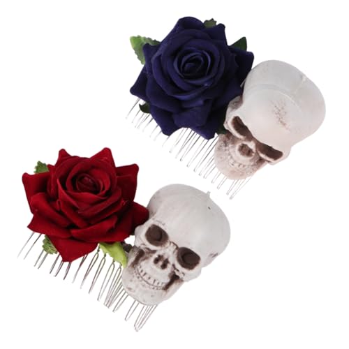 Baluue 2 Piezas Accesorios para Cabello con Peine Calavera y Rosa Vino y Azul Diseño Esqueleto para Halloween Cómodo y Elegante para Fiestas y Diario