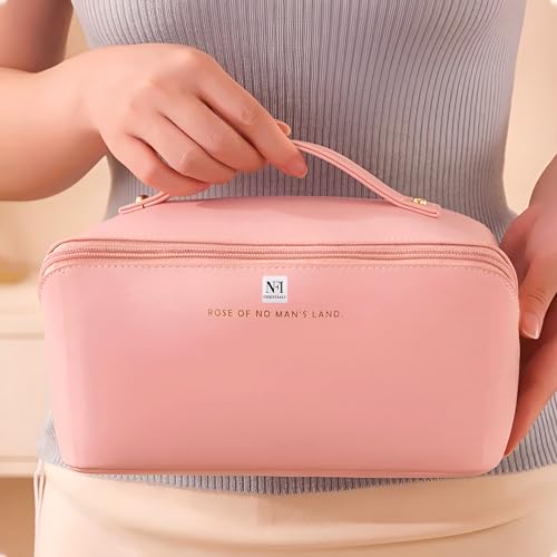 Image of NFI Essentials Pack of 2 Cosmetic Travel Organizer Bag, Women's Makeup Pouch Toiletry Bag Portable Leather Wide Opening Cosmetics Bag with Handle and Divider, 8Cm, Assorted