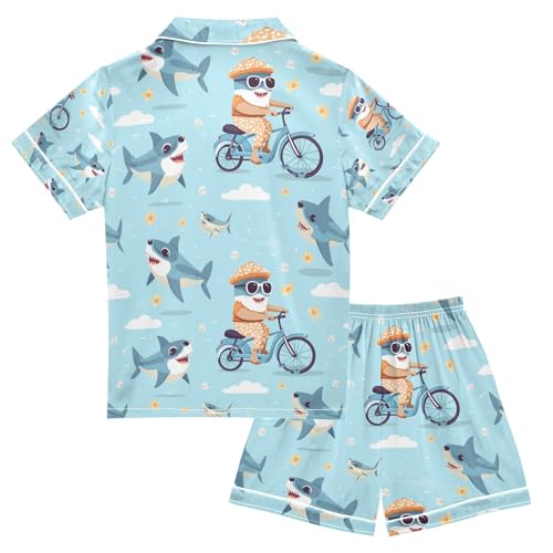 Cycling Shark Satin Summer Pajama Sets Silk Short Sleeve Button Down Sleepwear2