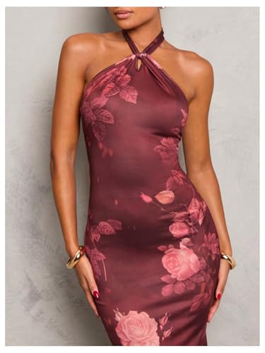 Image of GORGLITTER Women's Open Backless Wedding Guest Dress Ruch Sleeveless Ribbed Bodycon Halter Maxi Dresses
