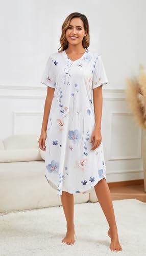 Nightgowns for Women Cotton Short Sleeve Long Night Gowns with Pockets3