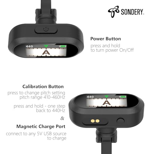 sondery guitar ukulele tuner clip on rechargeable easy to read simple tft screen extremely fast and accurate tuning headstock chromatic tuner pitch 410-460hz perfect for any lighting