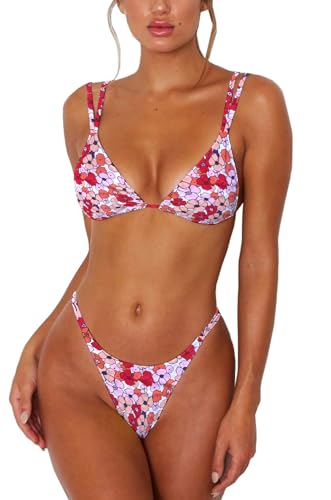 Image of Women's Sexy Thong Bottom Two Piece Bikini Double Shoulder Straps Cute Swimsuit Triangle Bathing Suit