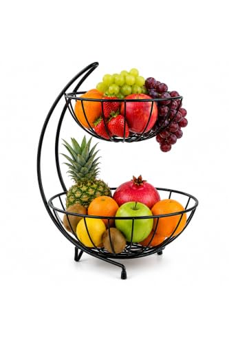 2 Katlı Metal Meyve Sepeti Siyah – Geniş Hacimli Meyvelik Sebzelik Sunum Standı – Modern Tezgah Üstü Organizer 25/28 cm Çap – 23 cm Yükseklik 28 x 47