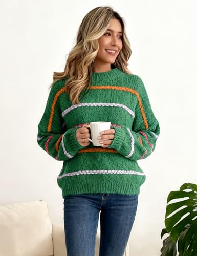 Image of QIBABU Womens Striped Sweaters Casual Lantern Sleeve Color Block Knit Pullover Sweater Tops