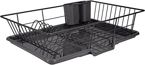 JOEY'Z Extra Large Black 3 Piece Dish Rack Sink Set with Removable Drainboard & Utensil Holder - Heavy Duty Coated Wire - 19" x 12" x 5"
