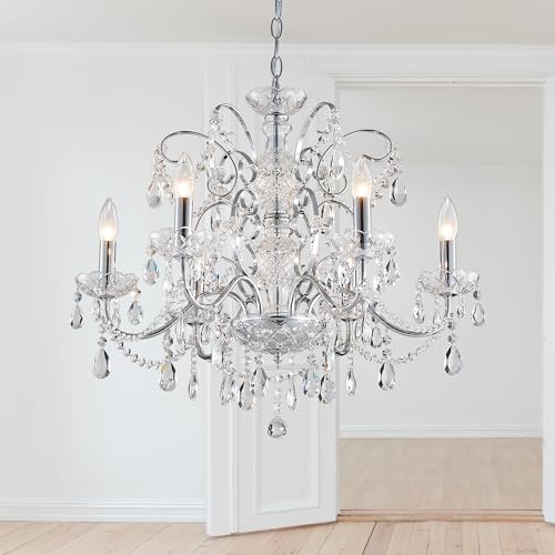 Saint Mossi 6-Lights Crystal Chandelier Crystals Raindrop Chandelier,Modern Crystal Pendant Light Fixture Modern Chandelier for Bedroom,Living Room,Dining Room,H22 X D24,Chain Adjustable