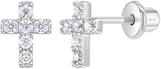 925 Sterling Silver Cubic Zirconia Little Cross Shape Stud Earrings with Safety Screw Back Lock for Toddlers, Little Girls, Pre-Teens & Teens - Christian Jewelry for Sweet & Loving Children