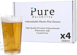 Pure Durability Plastic Pint Glasses Reusable Unbreakable Dishwasher Safe Set of 4 568ml, Transparent