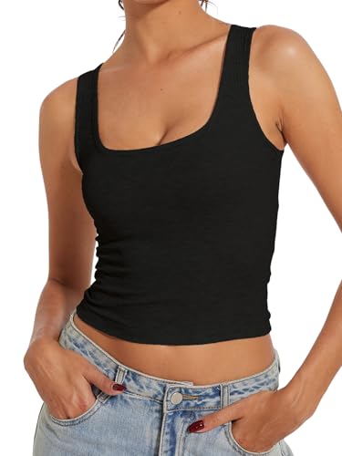 AnotherChill Women's Ribbed Crop Tank Tops Scoop Neck High Back