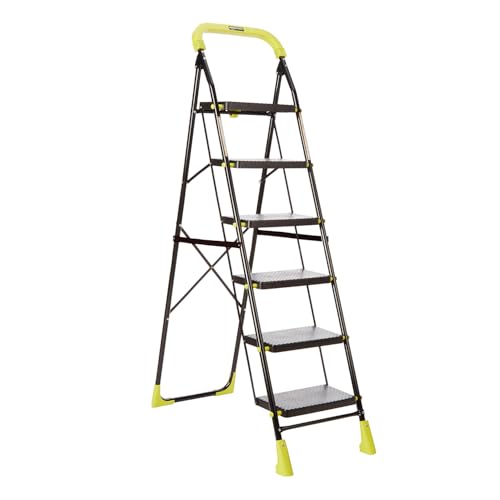Image of Amazon Basics Dynamo - Foldable Step Ladder, Safety Clutch Lock, Anti Slip Steps, Knee Guard, Anti Skid PVC Shoes, 6 Steps (Steel, Black & Lime Green)