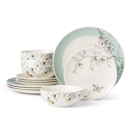 Image of Oneida Dinnerware Set, Botanica 12-Piece Dinnerware Set, Service For 4, Porcelain Material, Dishwasher And Microwave Safe, Bowls, Plates And Bowls, Dinner Dishes, Plates, Home (Green, 12 Piece)