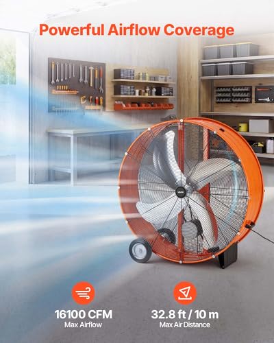 Image of VEVOR Industrial Shop Fan, 42 Inch Floor Drum Fan, High Velocity 16100 CFM, Heavy Duty Aluminum Blades, 2 Speeds, with Handle, Ideal for Commercial, Garage, Warehouse, Basement, Workshop, Factory