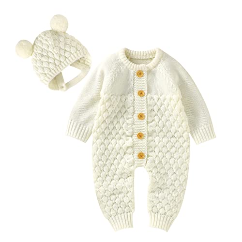 Image of mimixiong Cotton Baby Romper Newborn Baby Knitted Clothes | Longsleeve Sweater Outfit for Boy and Girls with Warm Hat Set