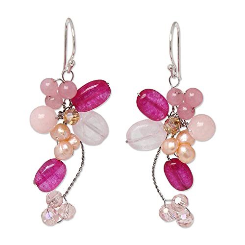 Novica Dyed Freshwater Cultured Pearl Cluster Dangle Earrings With Rose Quartz, Radiant Bouquet' #TOP8