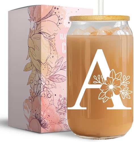 Initial Glass Cup, Monogrammed Gifts for Women, 16 oz Glass Cups with Lids and Straws, Coffee Smoothie Beer Glass Personalized Christmas, Birthday Gifts for Her Mom (A)