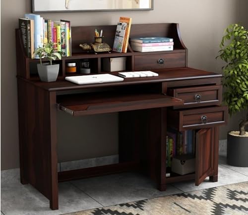 Image of Taj Solid Sheesham Wooden Study Table for Home and Office with Drawer and Cabinet Storage | Study Desk | Computer Table | Desktop Table (Walnut Finish) (61D x 119.4W x 106.7H) cm