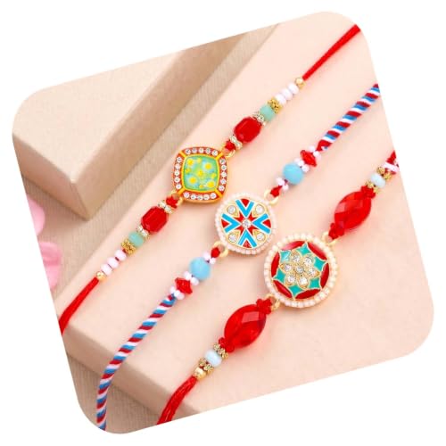 Image of Peora Rakhshabandhan Thread Rakhi for Brother Bhaiya | Crystals & Kundan Studded | Combo, Set of 3 | Rakhi Hamper with Roli Chawal & Greeting Card