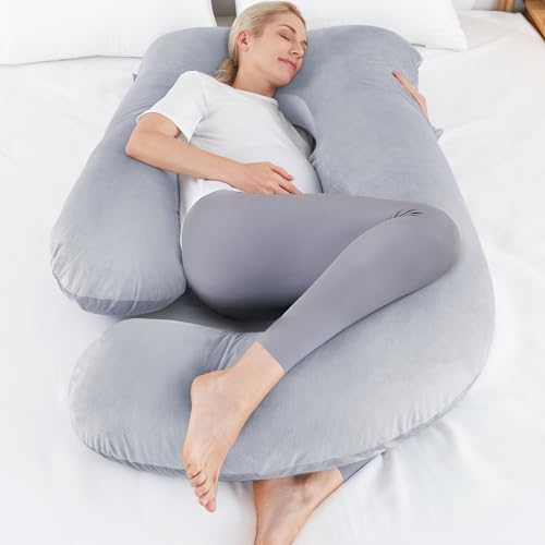 Image of Sasttie Pregnancy Pillows for Sleeping, Maternity Pillow for Pregnant Women, U Shaped Side Sleeper Pregnancy Must Haves, 59'' Full Pregnant Pillow with Removable Velvet Cover, Grey
