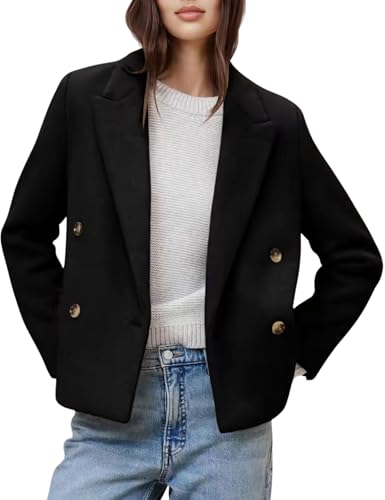 Image of QIBABU Womens Winter Wool Blend Pea Coat Short Double Breasted Notched Lapel Blazer Overcoat(2164-Black-M-QB)
