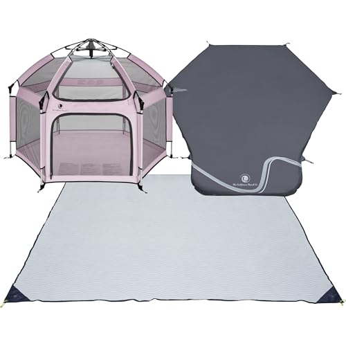 Image of POP 'N GO Premium Outdoor Baby Playpen with Self-Inflating Playmat (Soft Pink) and Picnic Blanket (Whimsical Waves)