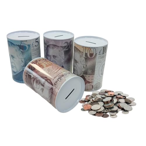 4 Bank Note Money Tins - Novelty King Saving Box - Metal Piggy Bank - Coin Tin - Holiday Funds Birthday Christmas Fun Family Saving - Sealed Metal Money Tin.