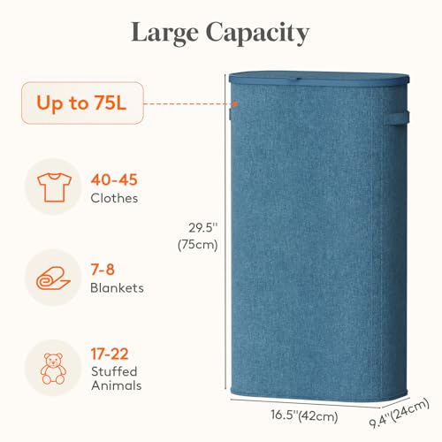 Image of Lifewit Slim Laundry Basket with Lid, Narrow Large Laundry Hamper with Plastic Handles and Removable Bag, Tall Foldable Dirty Clothes Hampers for Laundry Room, Bedroom, Bathroom, Dorm, 75L Dark Blue